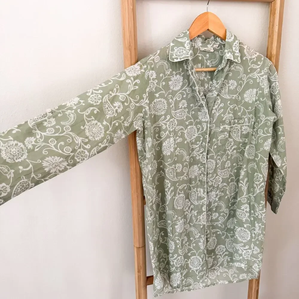 Julia Amory Husband Shirt XS Green White Floral Cotton Voile Button Down Tunic
